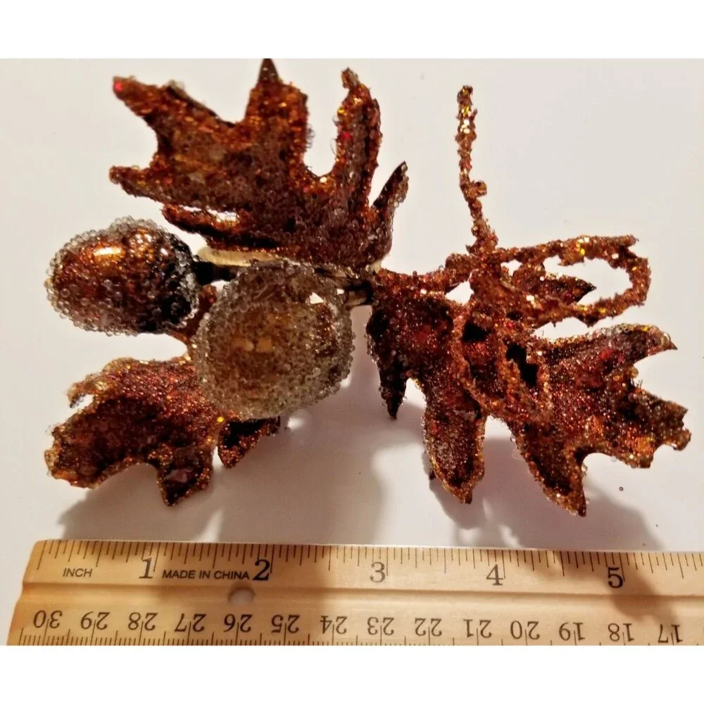 Fall Leaves & Acorn Napkin Ring Holders Set of 6 Sparkle Copper Color
